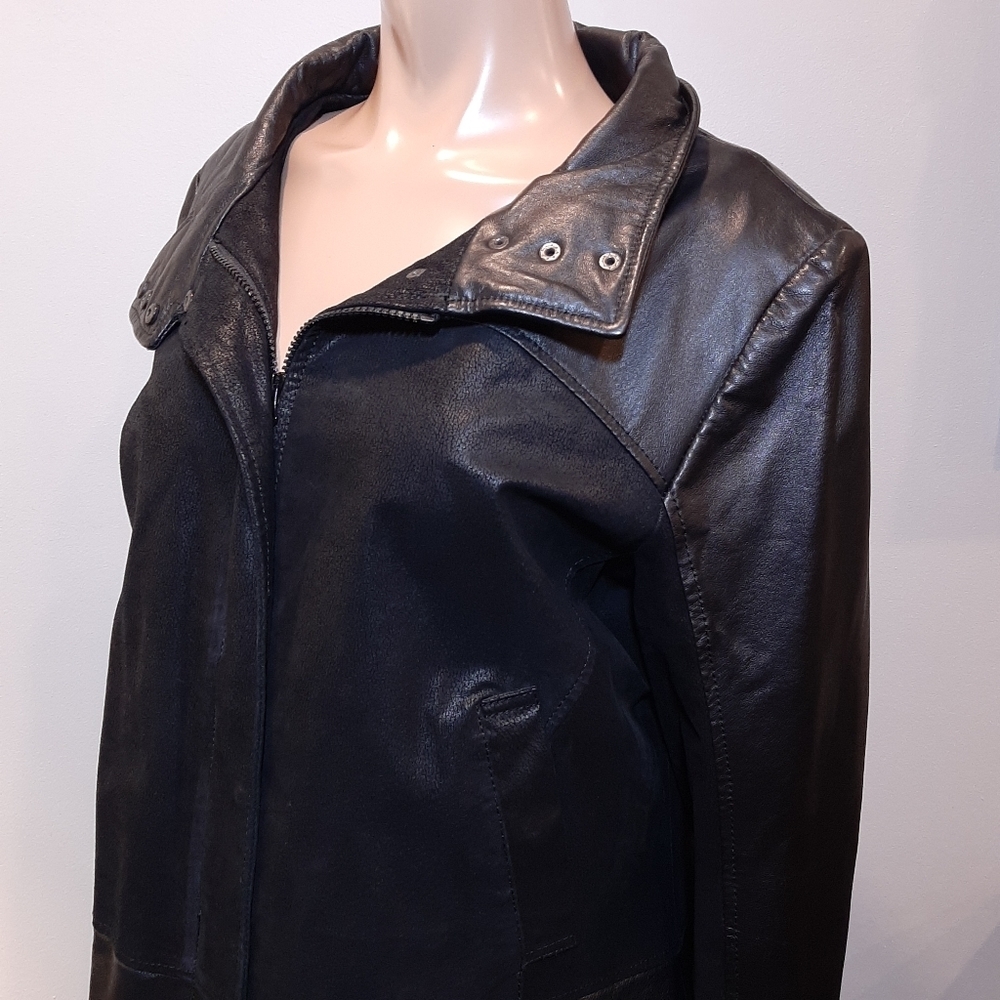 Blink By Danier Leather Jacket High Neck Mid Length Black Womens Size Large Coat - Picture 4 of 14